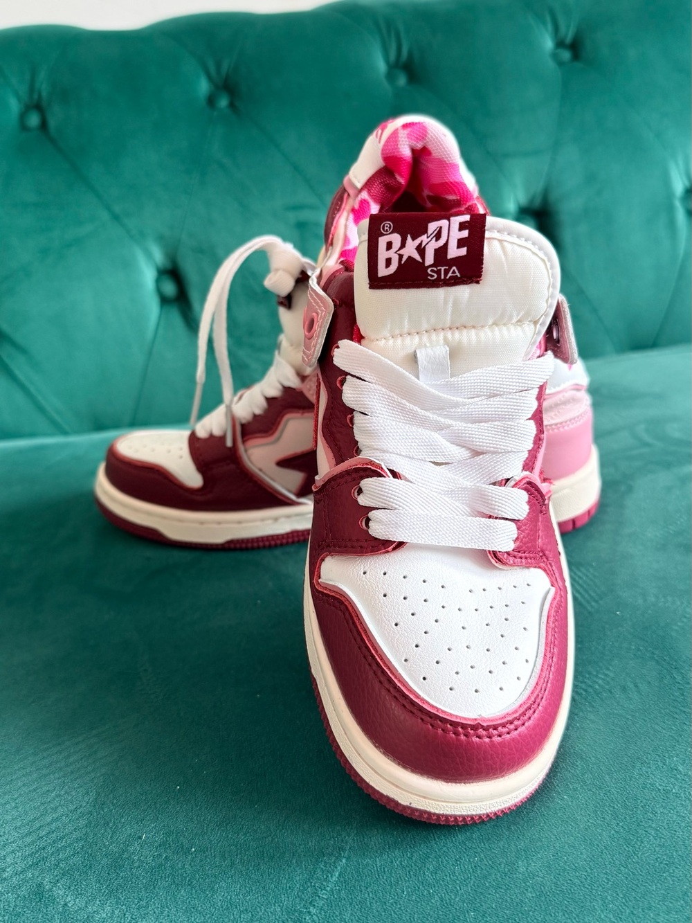 Bape Kids Pink & White High-Top Sneakers